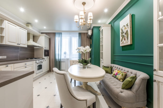 sofa in the interior of the kitchen in a classic style