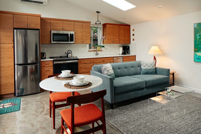 sofa with fabric upholstery in the kitchen