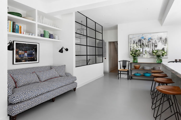 sofa with fabric upholstery in the kitchen