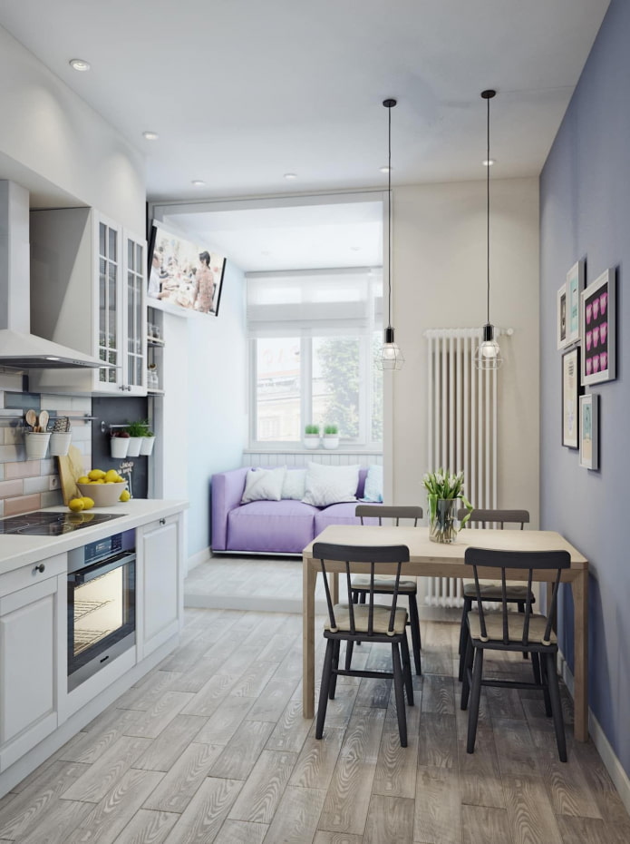 sofa in the kitchen combined with a balcony