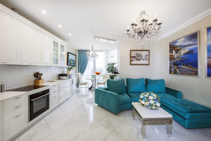 turquoise sofa in the interior of the kitchen turquoise sofa in the interior of the kitchen