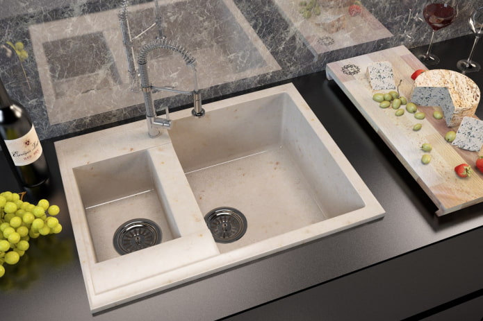 sink with one and a half bowl made of artificial stone sink with one and a half bowl made of artificial stone