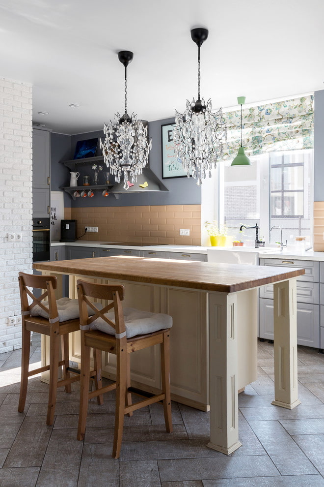 Beige apron in a gray kitchen