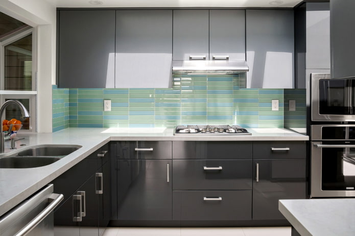 glass tiles on the apron against the background of dark facades