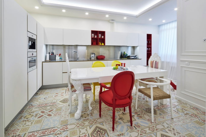 patterned floor tiles in the interior of the kitchen