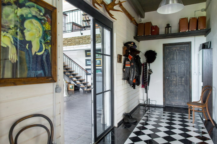 black and white floor tiles in the interior