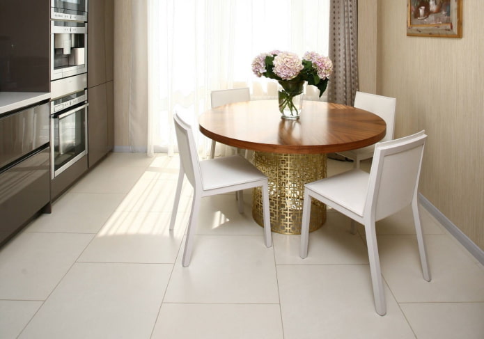 white floor tiles in the interior of the kitchen