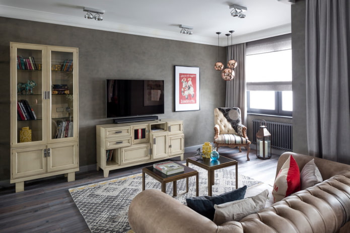 beige TV stand in the interior beige TV stand in the interior