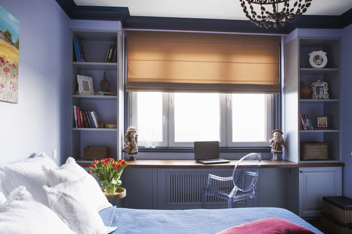 cabinet with open shelves around the window in the interior cabinet with open shelves around the window in the interior