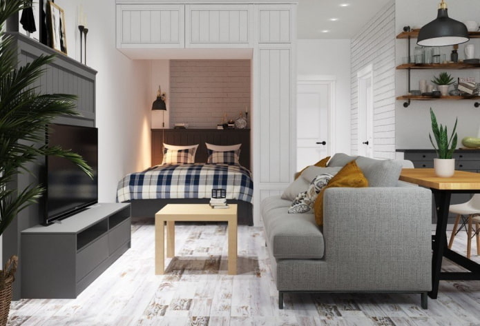 sleeping place in the interior of a studio apartment