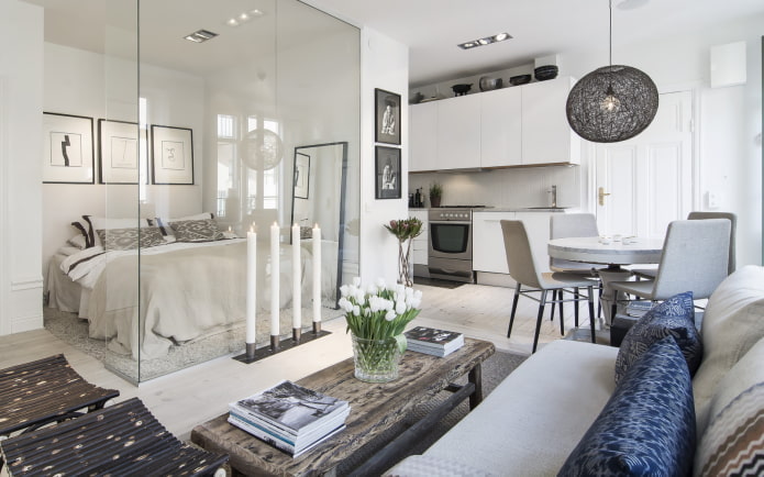 interior of a studio apartment in a Scandinavian style