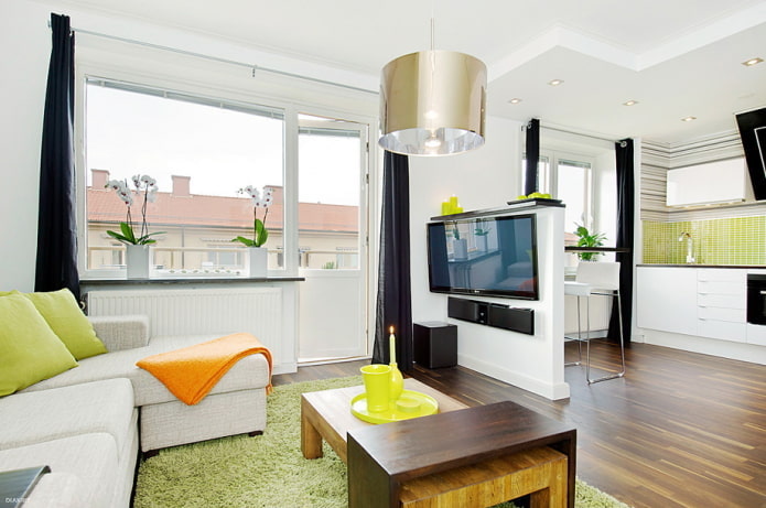 interior of a studio apartment with two windows