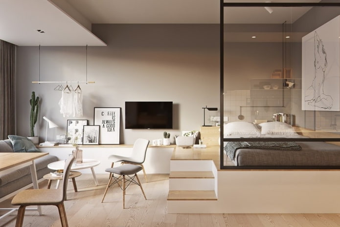 arrangement of furniture in the interior of a studio apartment
