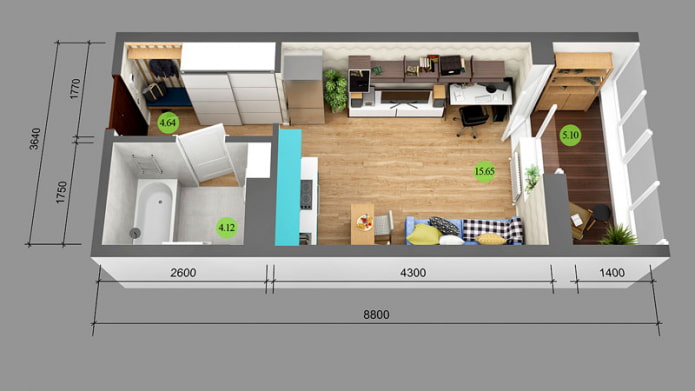 Layout of a studio apartment 25 sq. m.