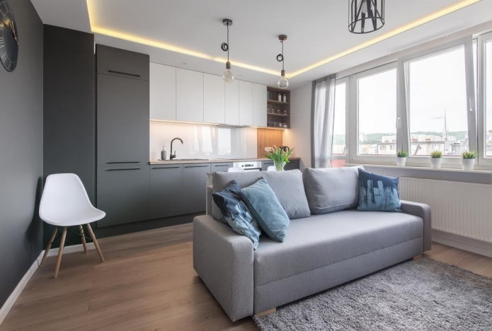 interior of a kitchen-studio with a partition in the form of a sofa interior of a kitchen-studio with a partition in the form of a sofa