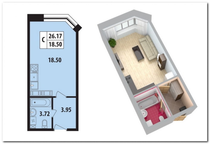 the layout of the apartment is 18 sq m