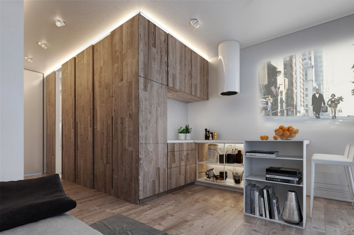 kitchen area in the interior of a studio apartment