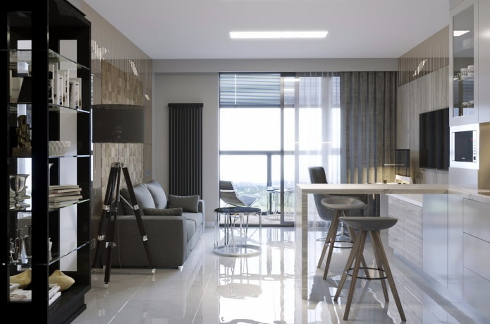 interior of a studio apartment with a balcony