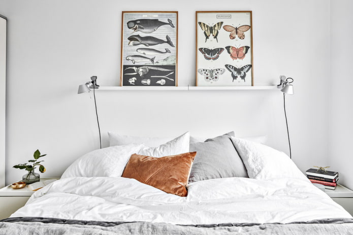 shelves for paintings above the bed in the interior