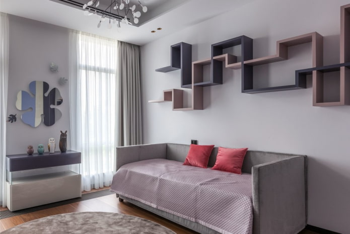 shelves above the berth in the interior of the nursery