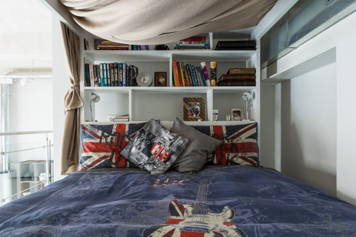 shelves at the head of the bed in the interior