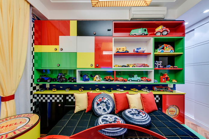 shelves above the berth in the interior of the nursery
