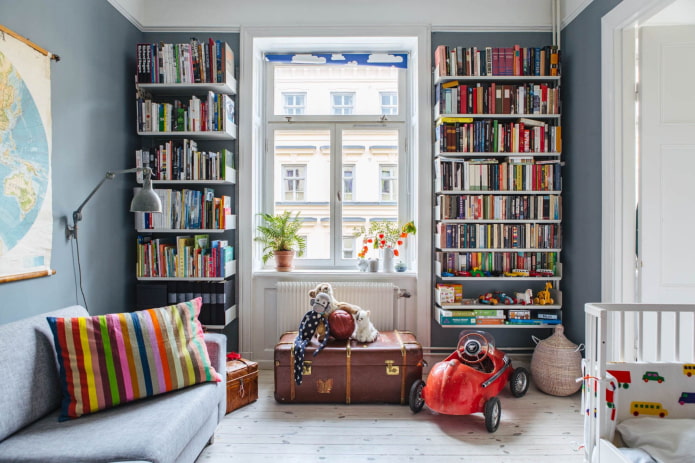 hinged shelves for books in the interior