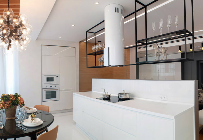 shelves under the ceiling in the interior of the kitchen
