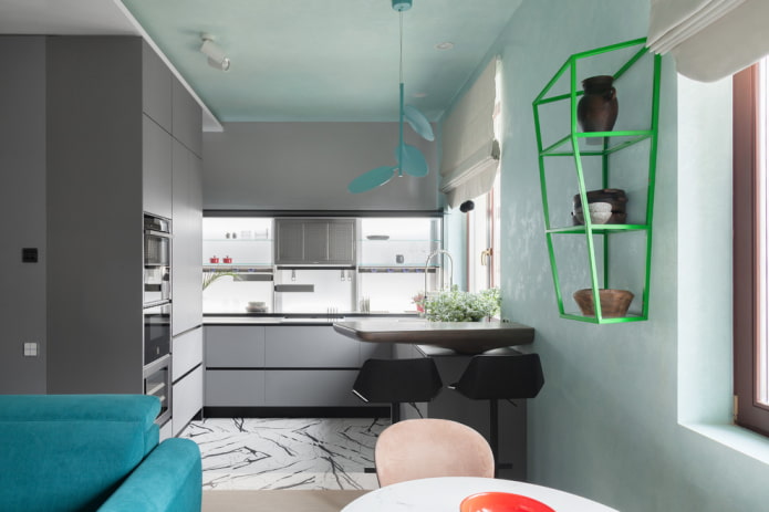 unusual shelves in the interior of the kitchen