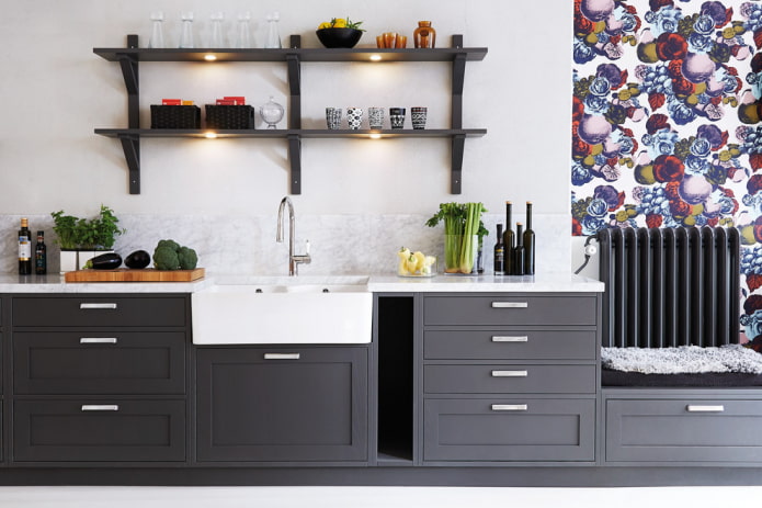 open shelves in the interior of the kitchen