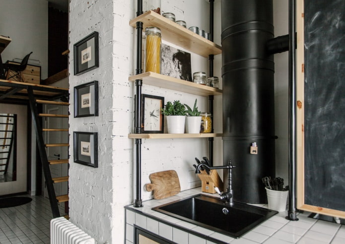 shelves above the sink in the interior of the kitchen