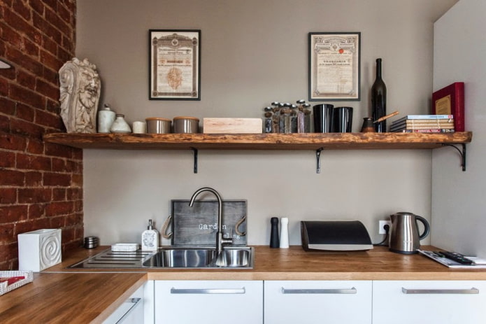 shelves in the interior of a loft-style kitchen