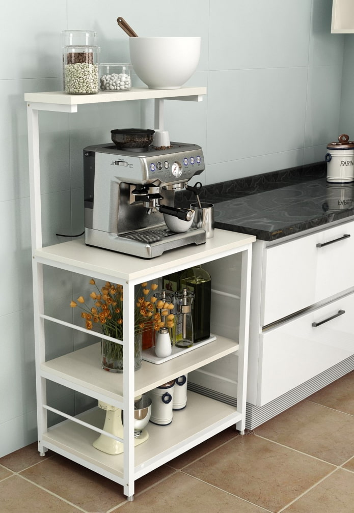 shelves for household appliances in the interior of the kitchen