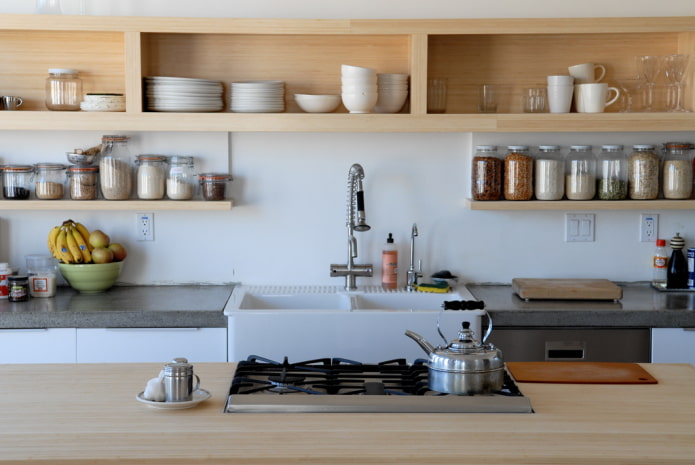 hanging shelves in the interior of the kitchen