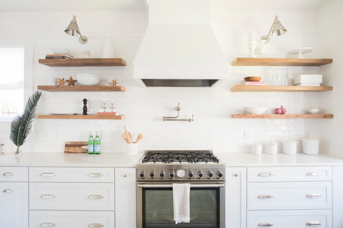 wooden shelves in the interior of the kitchen