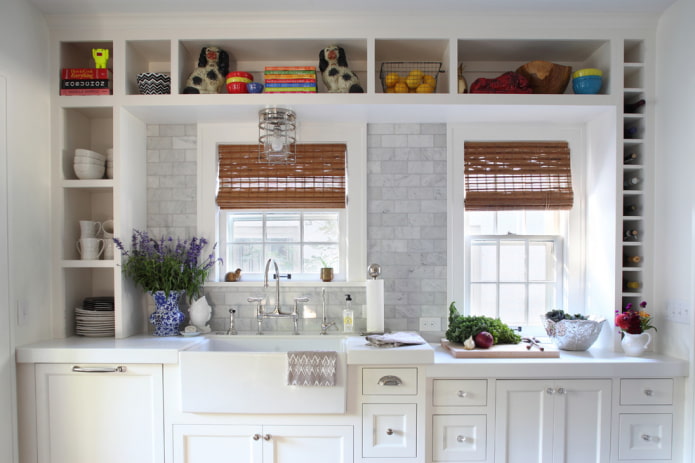 open shelves in the interior of the kitchen