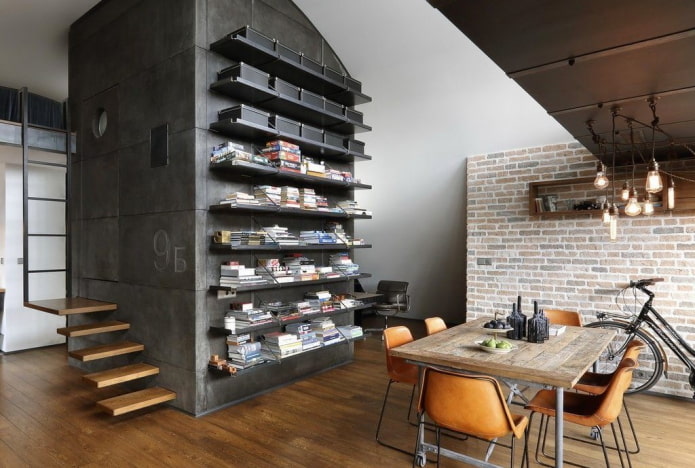 horizontal shelves in the interior of the kitchen