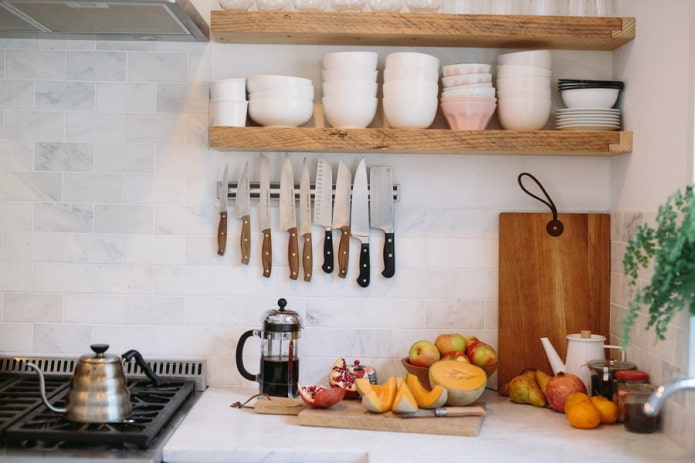 shelves for dishes in the interior of the kitchen