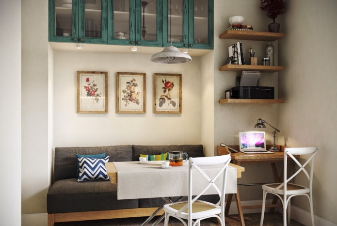 shelves above the sofa in the interior of the kitchen
