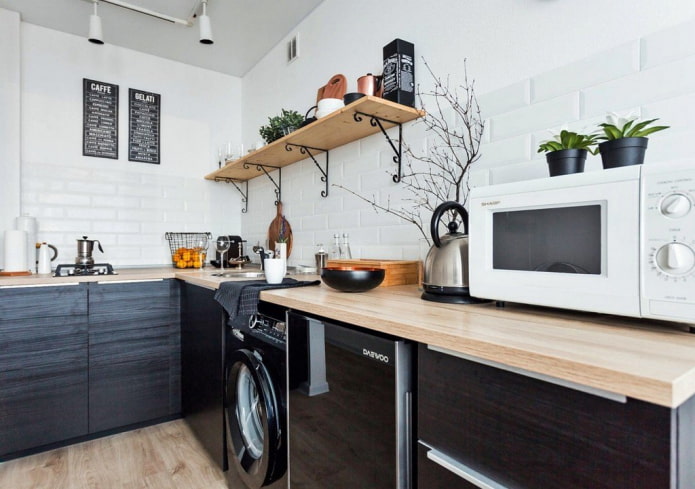 open shelves in the interior of the kitchen
