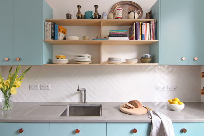 open shelves in the interior of the kitchen