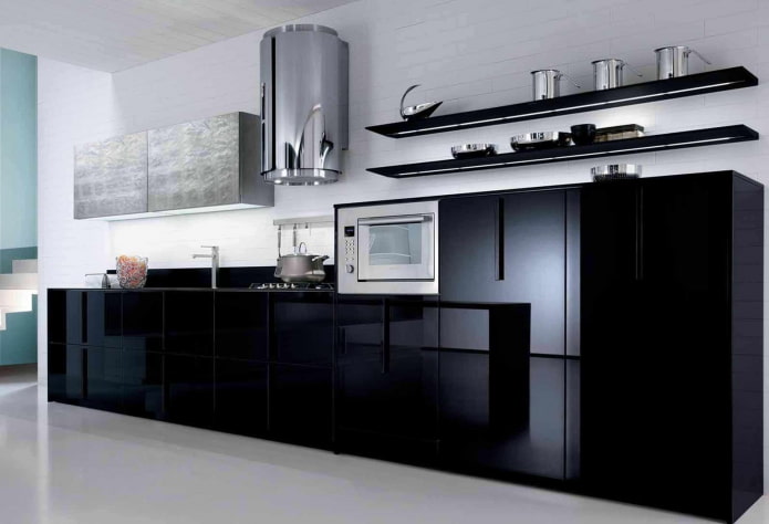 shelves in the interior of the kitchen in high-tech style