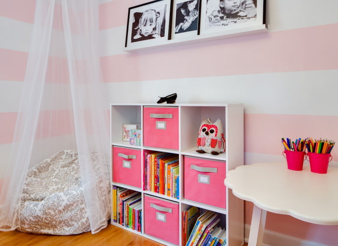 shelves in the interior of a nursery for a girl shelves in the interior of a nursery for a girl