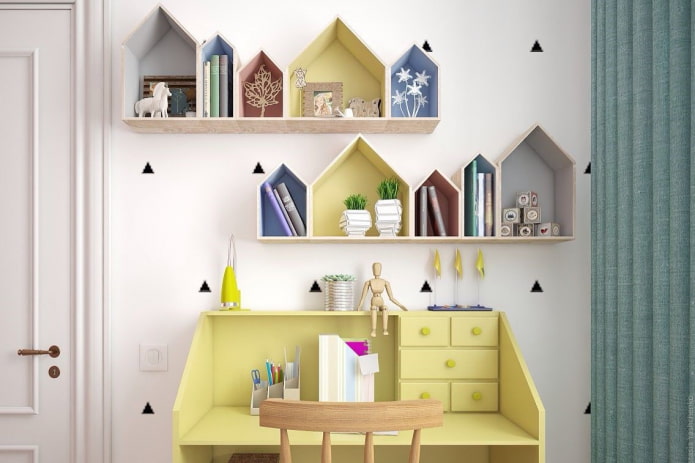 shelves above the table in the interior of the nursery shelves above the table in the interior of the nursery