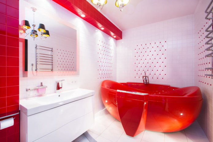 bathroom in red and white shades