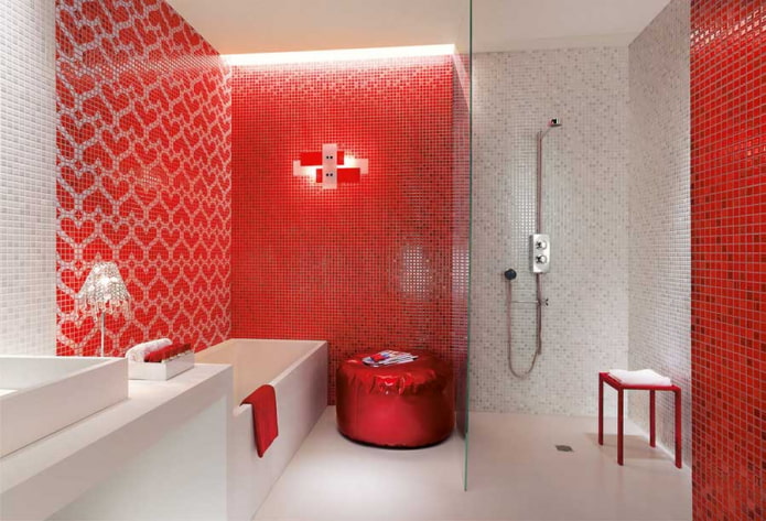 bathroom in red and white shades