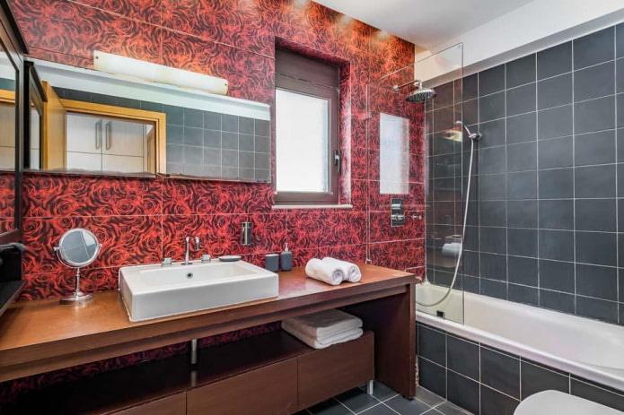 bathroom in black and red shades