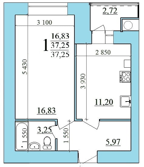 Apartment area 37 sq m