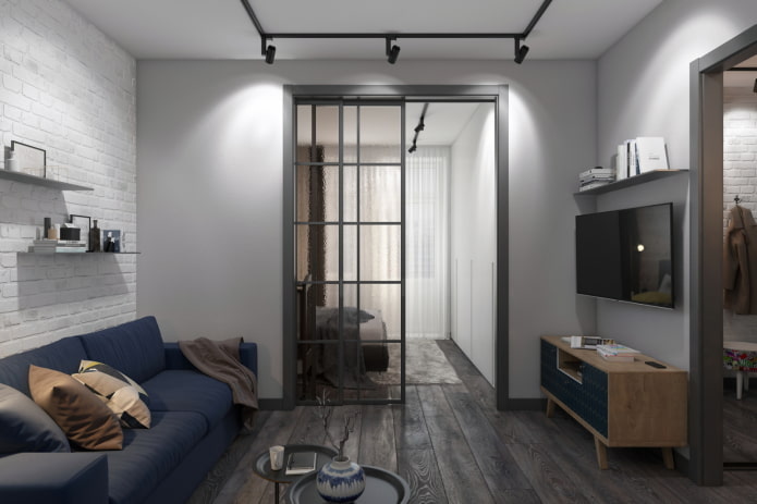 the interior of a studio apartment 50 squares