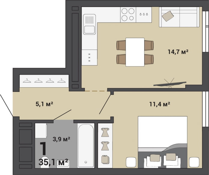 The layout of the apartment is 35 sq. m. The layout of the apartment is 35 sq. m.
